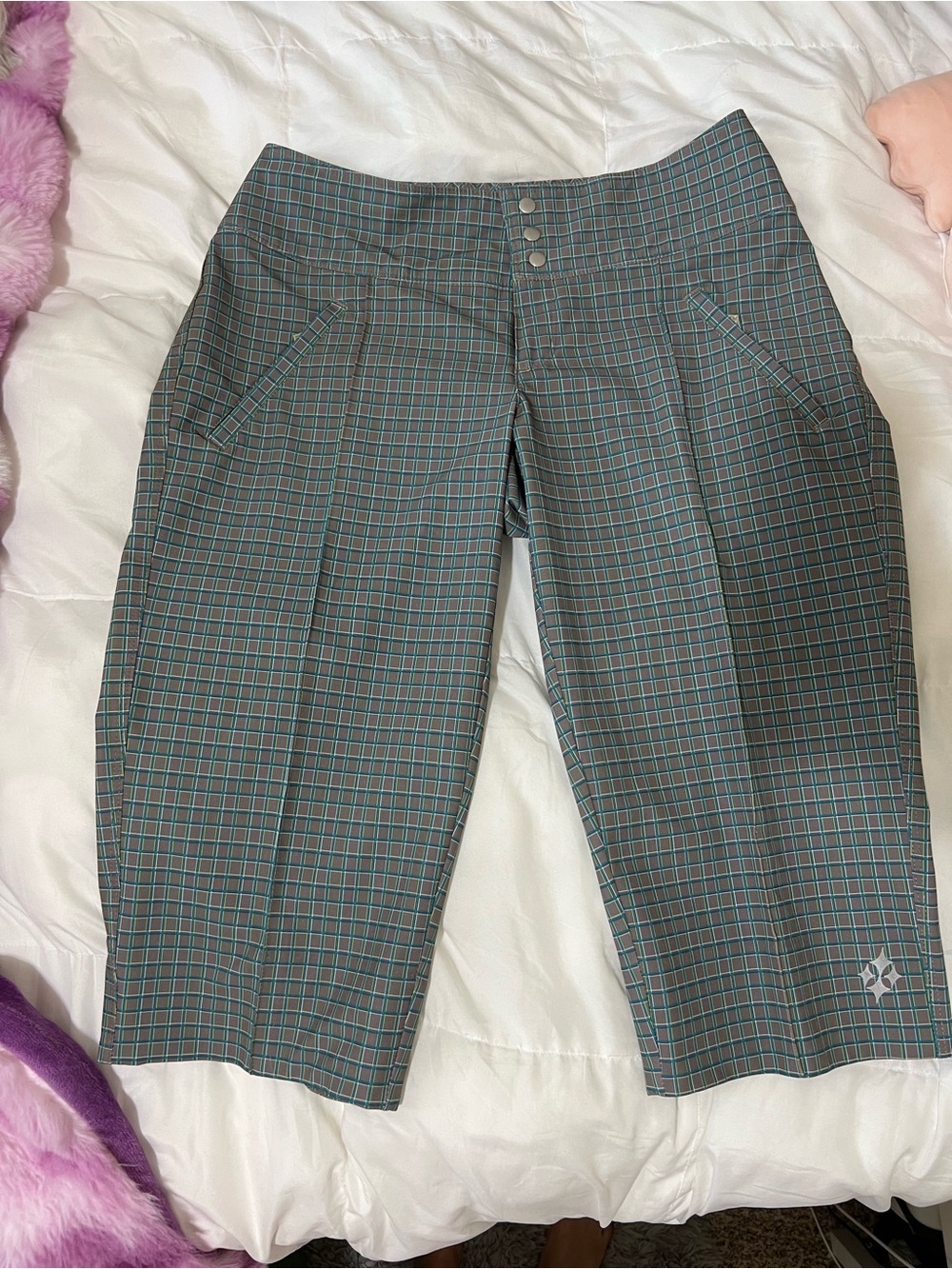 Jodie Golf Capris Plaid Crop Pants in Teal and Gray - Classic Casual
